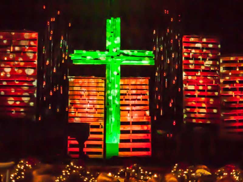 Portable Church Stage Backdrops decorated with cross and stage lighting